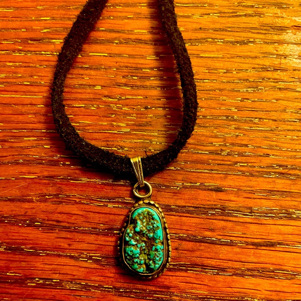 Vintage Sterling Silver And Spider turquoise Pendant On A Leather Chain